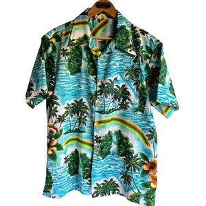 Vintage 70s Aloha Shirts Waterfall Island Ocean Theme Hawaiian Shirt - Men's L